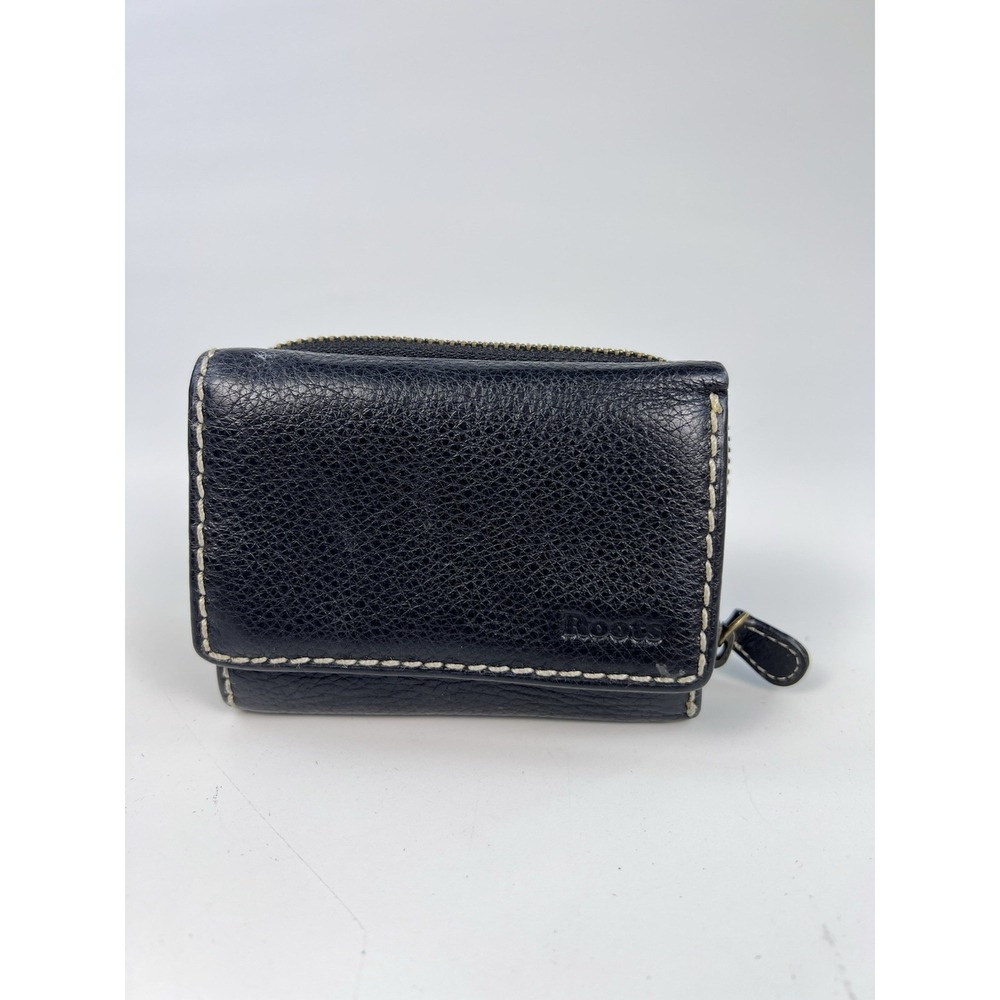 Roots Genuine Leather Trifold Wallet Black Zip Coin Pocket White Contrast Stitch